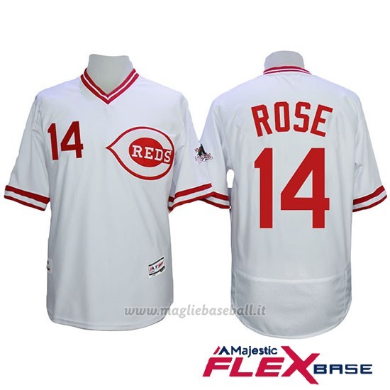 Maglia Baseball Uomo Cincinnati Reds 14 Pete Rose Majestic Autentico Collezione Flex Base Bianco
